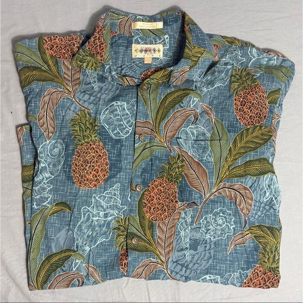 Vintage Hawaiian Shirt Mens Large Blue Pineapple Floral Aloha 90s Campia Moda